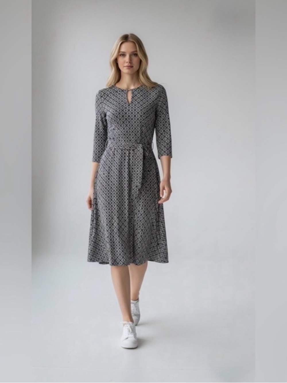 Ralph Lauren Black and White Geometric Midi Dress with Tie Waist